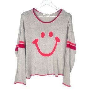 Natural Life Sweater M‎ Gray Knit Smiley Face Pink Trim Striped Sleeves